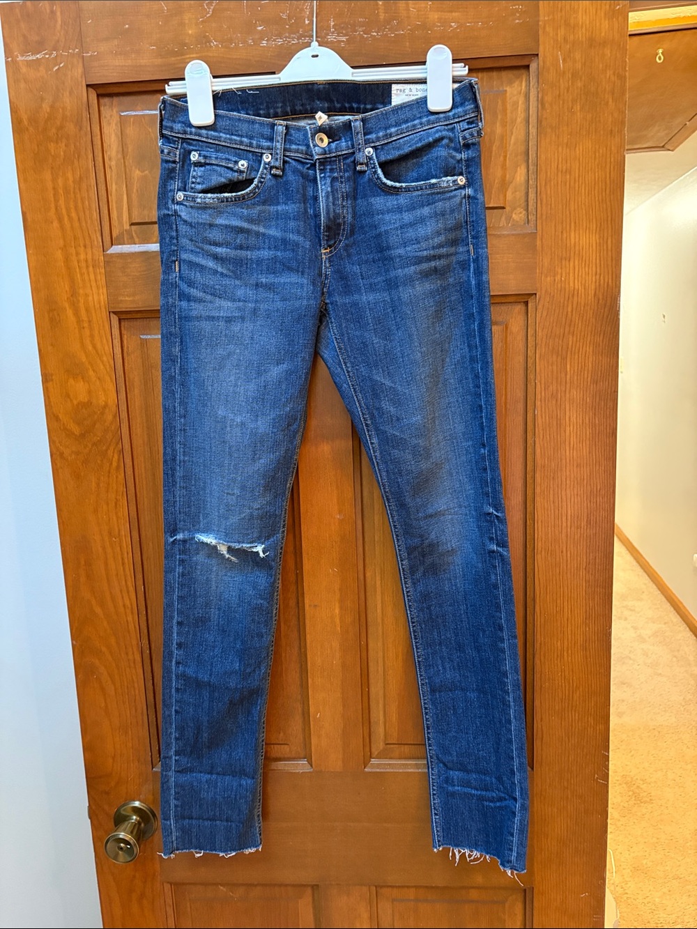 rag & bone Dark Blue Skinny Jeans with Distressed Knee